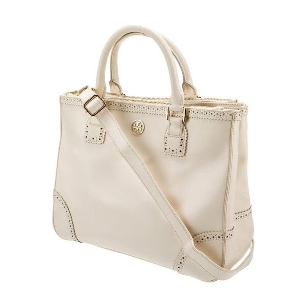 Tory Burch Cream Leather Laser-Cut Tote Bag Snap Top Handle Shoulder Purse - Picture 3 of 8